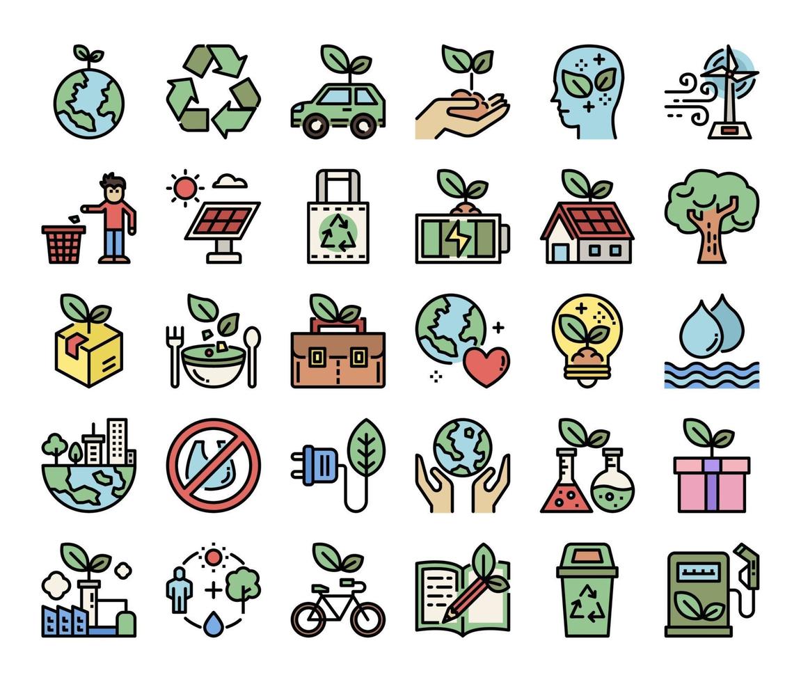 iconos de vector de contorno de color de ecología