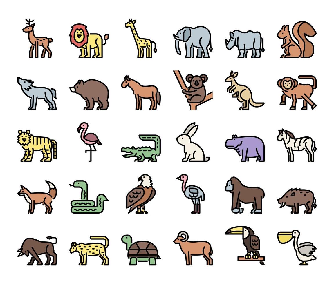 iconos de vector de contorno de color de animales salvajes