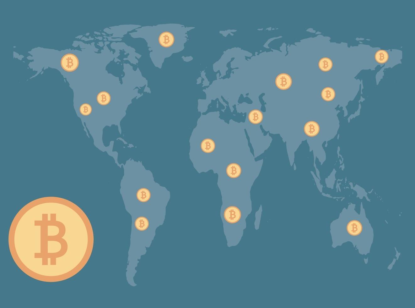 Concepto de bitcoin, monedas repartidas en el mapa de fondo ilustrador de vector mundial