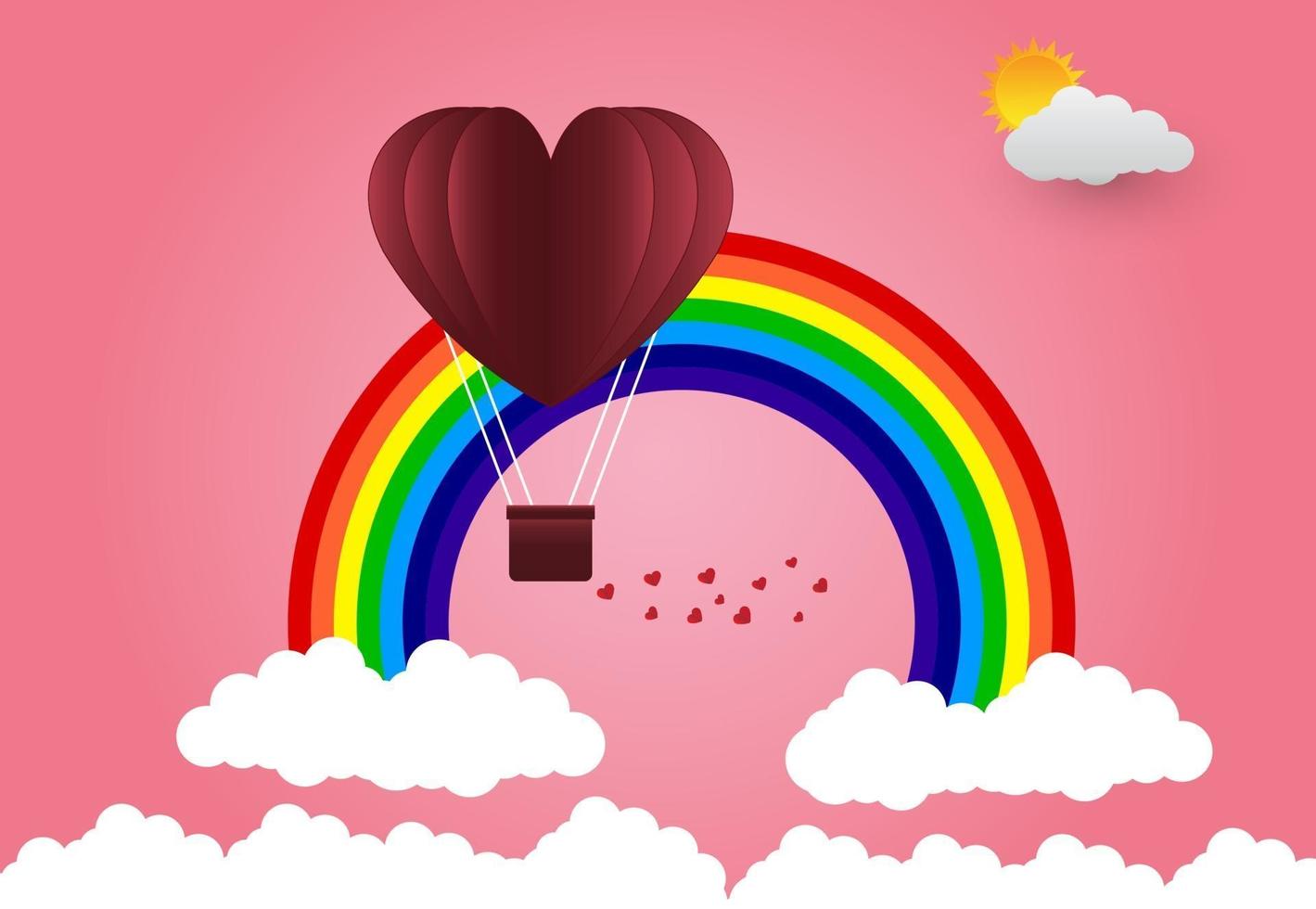 Globo del día de San Valentín en forma de corazón flotando en el cielo y las montañas hermosas nube art.paper ilustración vectorial vector