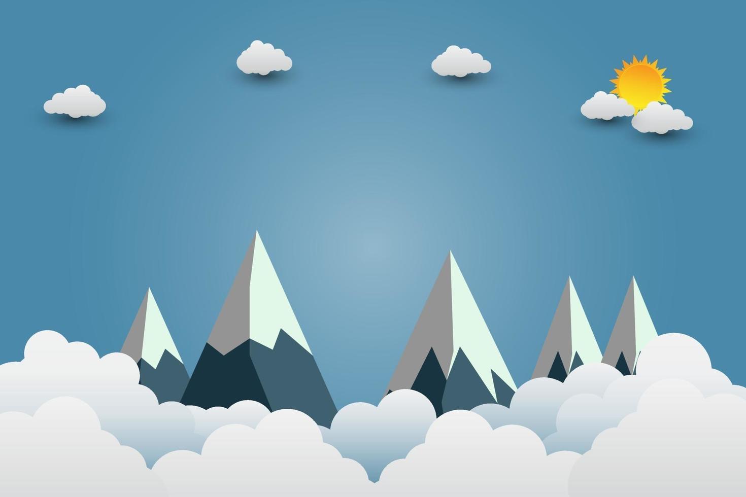 montañas con hermosas puestas de sol sobre las nubes arte de papel ilustración vectorial vector