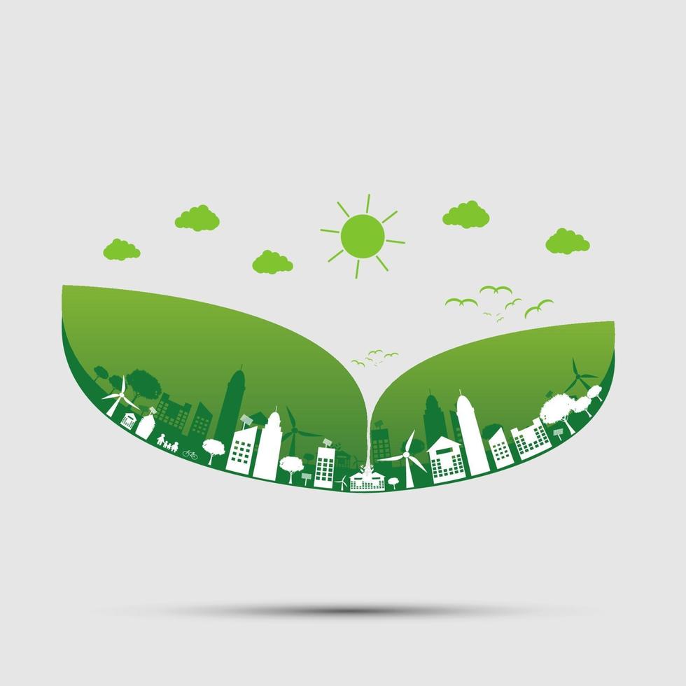 Las ciudades verdes ayudan al mundo con la nube con ideas conceptuales ecológicas ilustración vectorial. vector