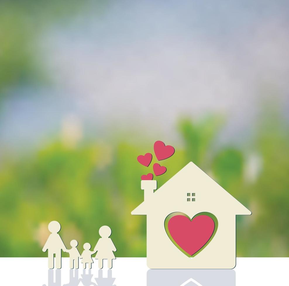 Happy family at home Mom and Dad stand holding hands with boys and girls. Home heart on the ground, blurred green background vector