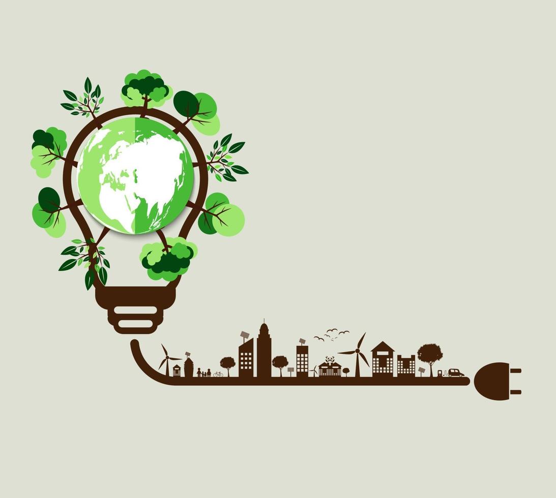 concepto de ecología, el mundo está en la bombilla de ahorro de energía verde, ilustración vectorial vector