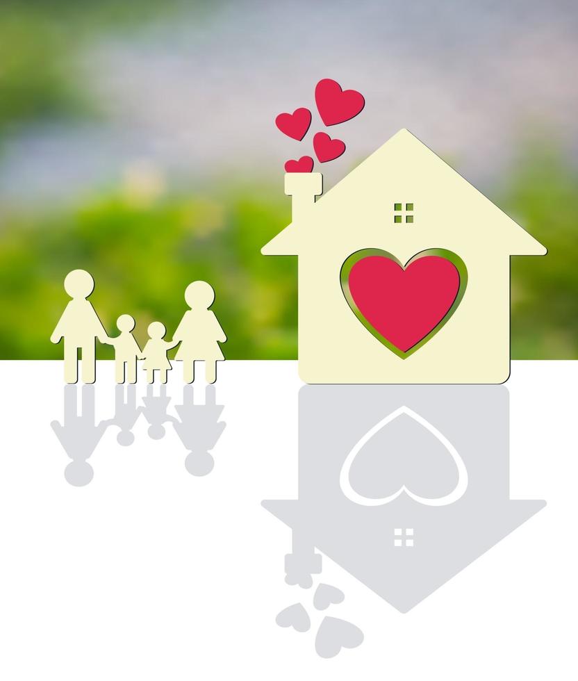 Happy family at home Mom and Dad stand holding hands with boys and girls. Home heart on the ground, blurred green background vector