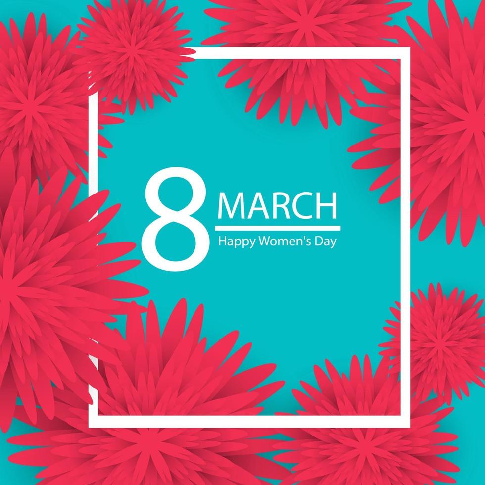 8 de marzo. tarjeta de felicitación floral rosa feliz día de la mujer. Fondo de vacaciones de flor de corte de papel azul con marco cuadrado. ilustración vectorial vector
