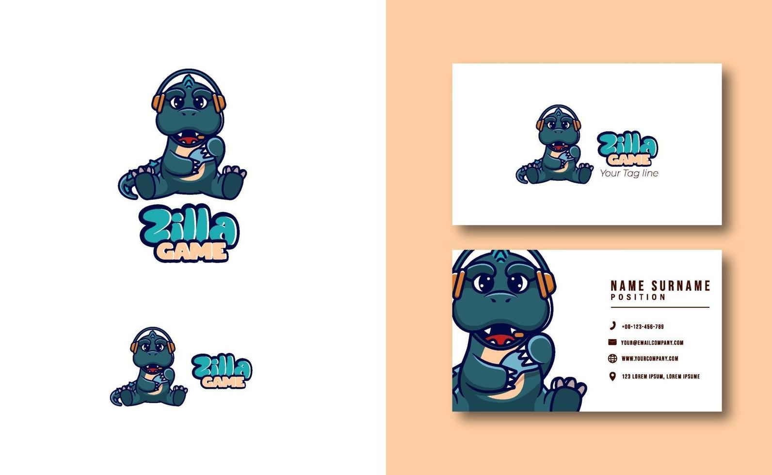 Cute Zilla Gaming mascot logo business card template set vector