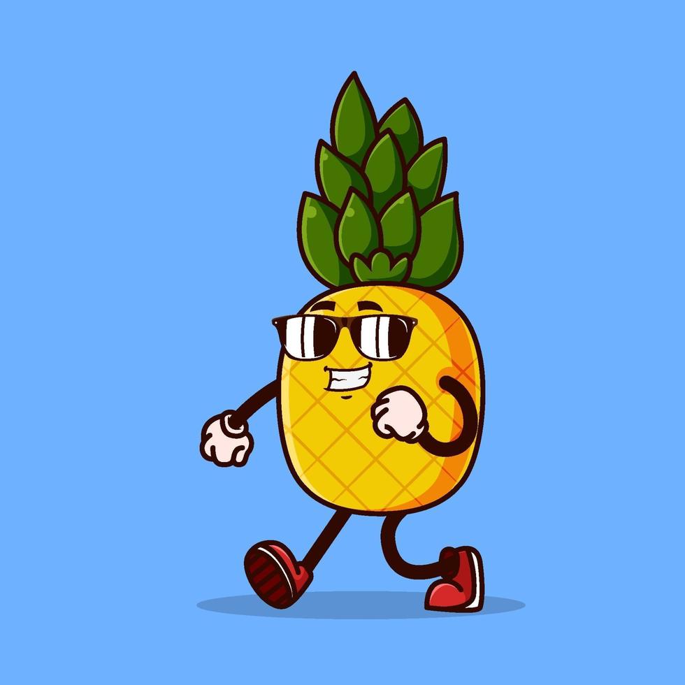 lindo personaje de piña caminando con gafas de sol vector