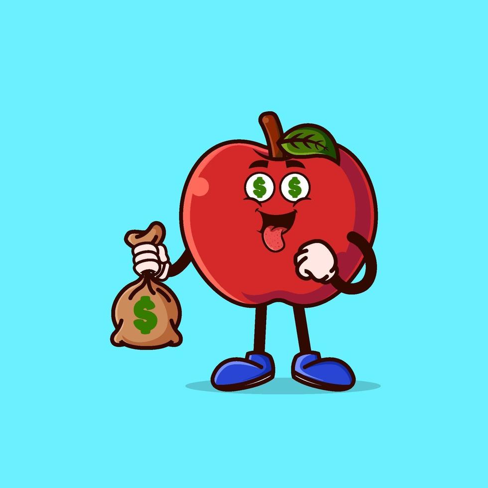 Cute Apple character with money eyes and holding money bag vector