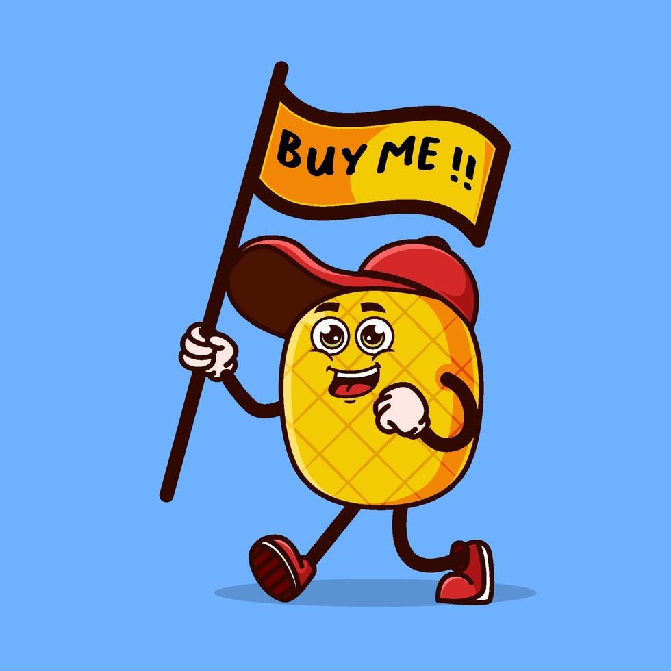 Cute pineapple character holding buy me flag vector