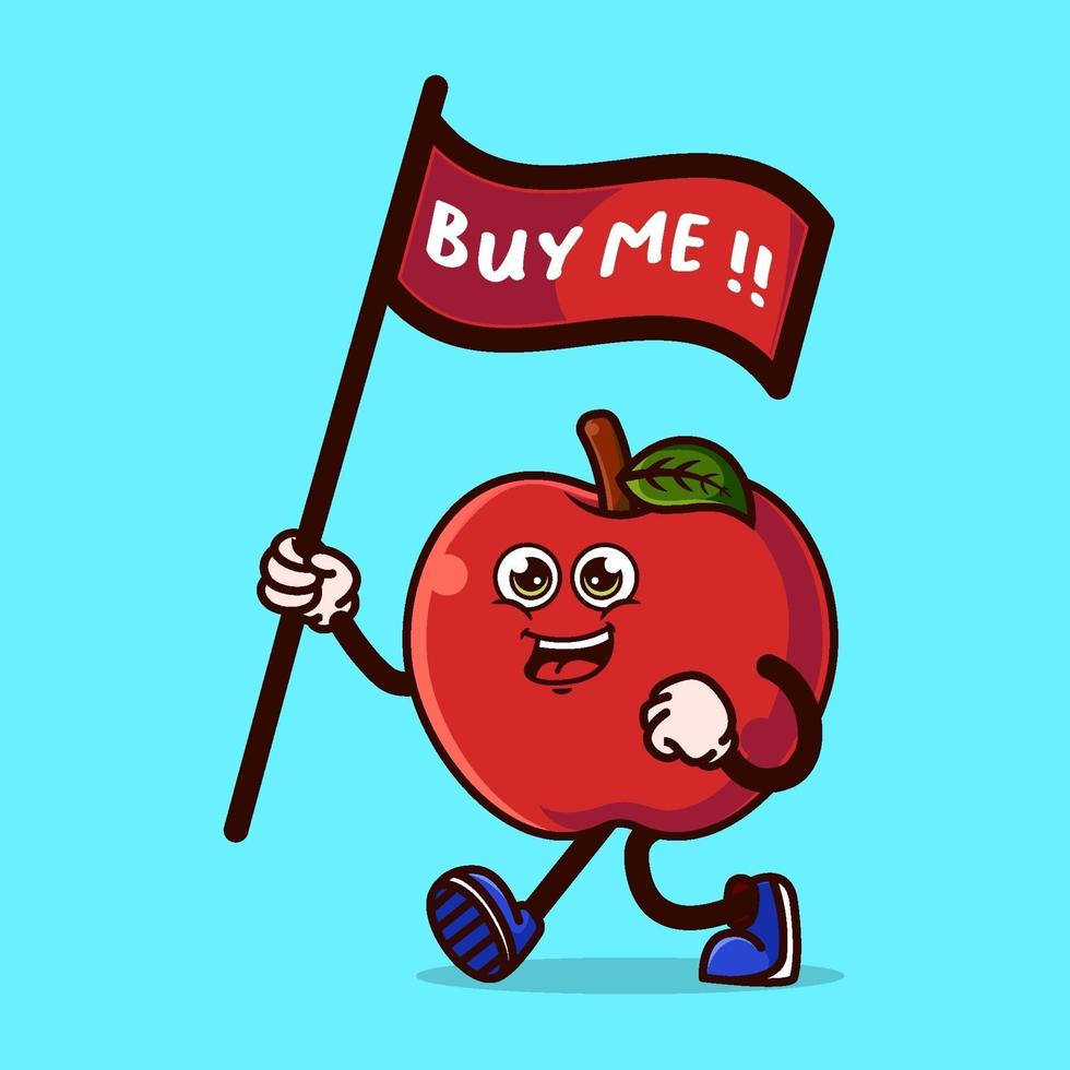 Cute Apple character carrying a flag that says buy me vector