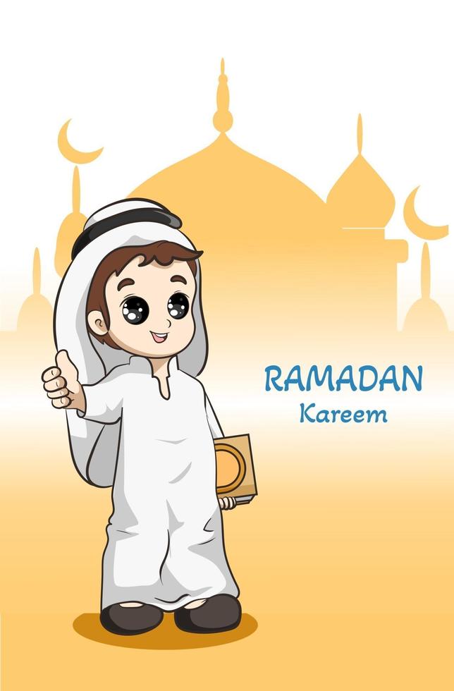 Little muslim boy with book at ramadan kareem cartoon illustration vector