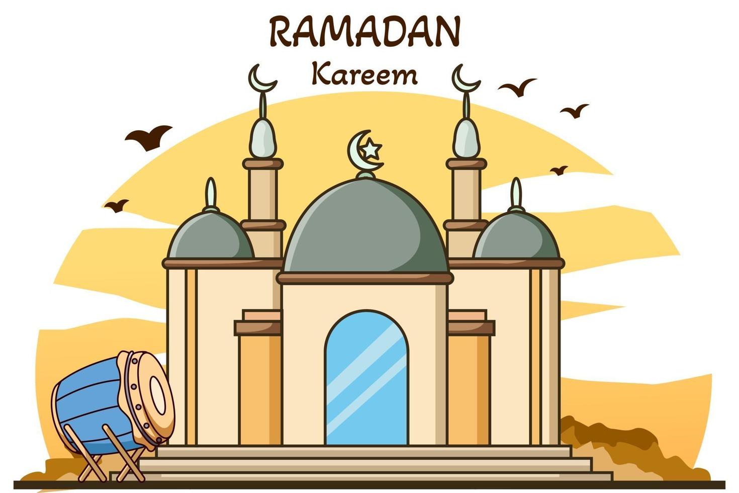 Mosque with muslim drum  ramadan kareem cartoon illustration vector