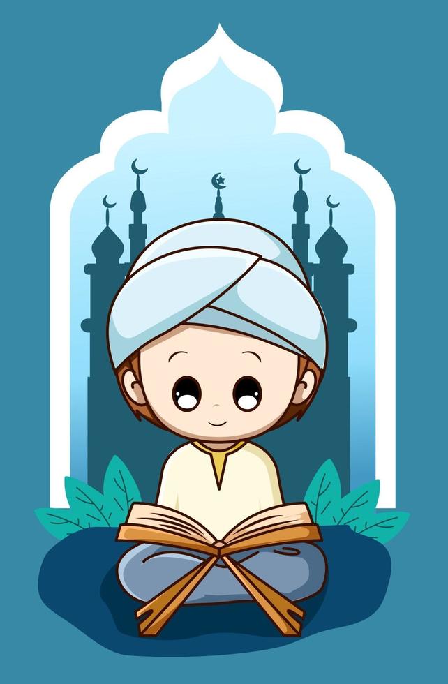 Cute muslim boy reading koran at ramadan kareem cartoon illustration vector