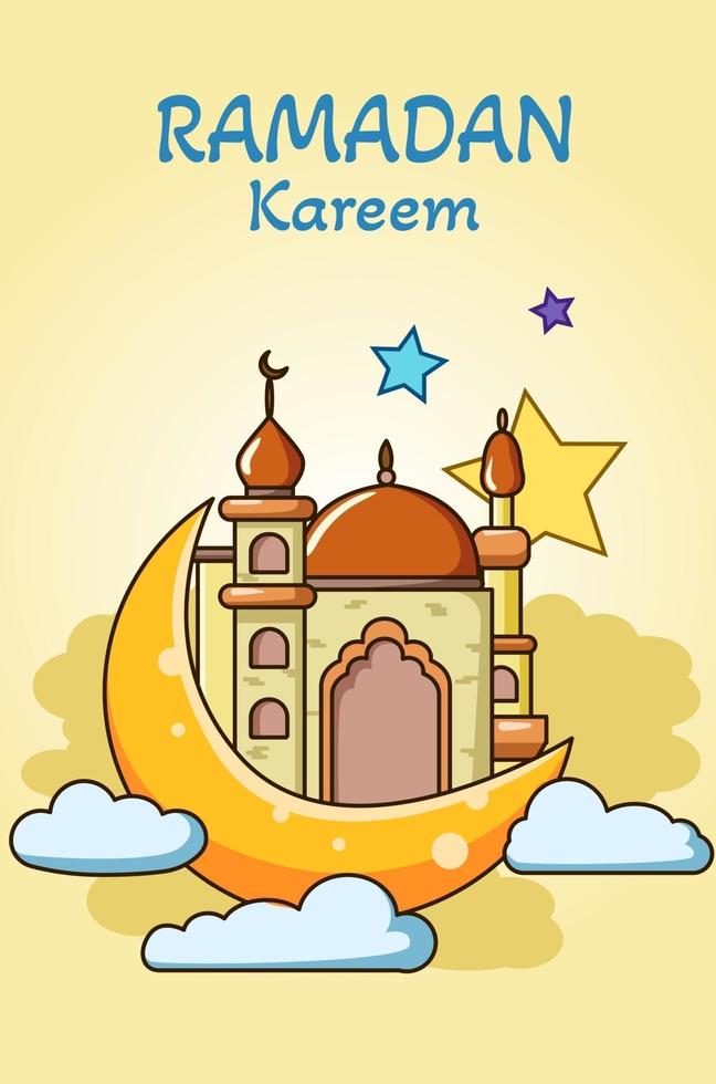 Mosque on gold moon at ramadan kareem cartoon illustration vector