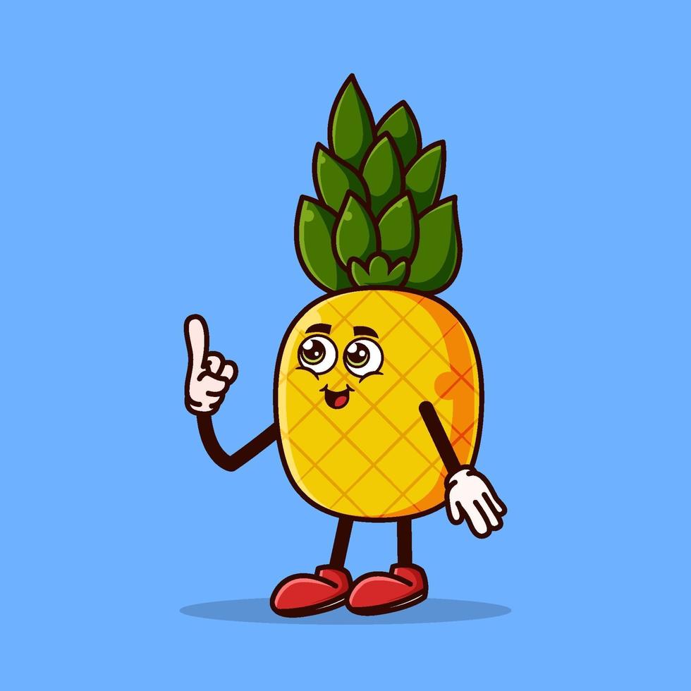 lindo personaje de piña con cara feliz y gesto apuntando hacia arriba vector