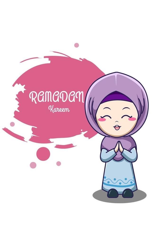 Cute muslim girl at ramadan kareem cartoon illustration vector