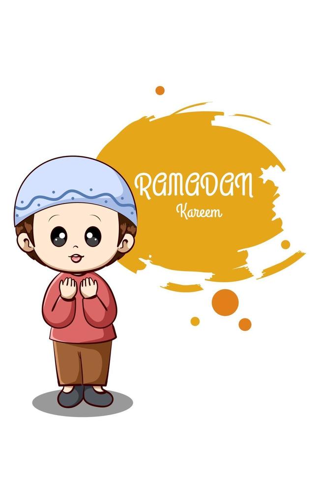 Cute muslim boy at ramadan kareem cartoon illustration vector