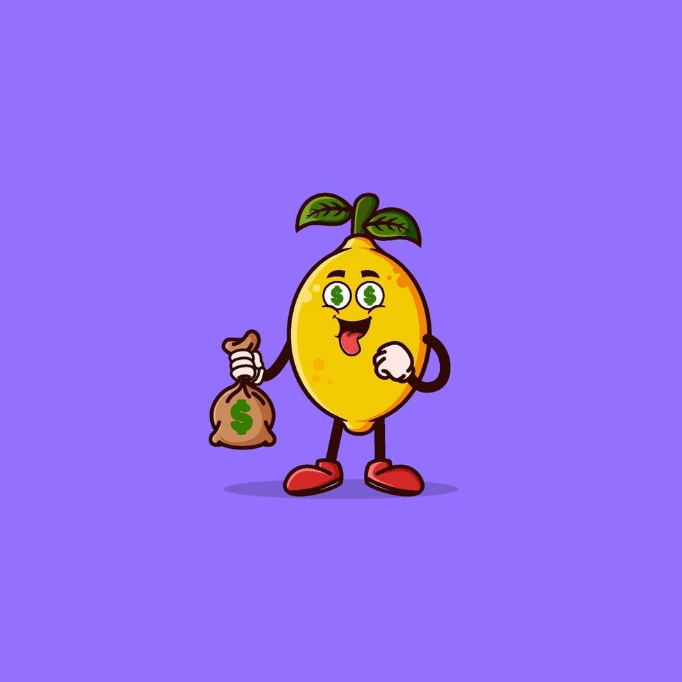 Cute Lemon character with money eyes and holding money bag vector