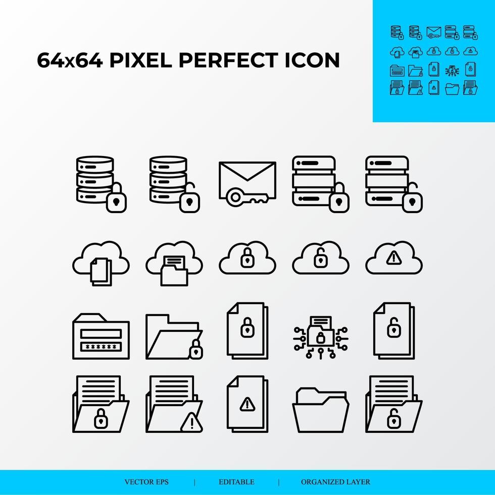 set of security and private file  vector line icon style. Cloud security, big data security. 64x64 Pixel perfect