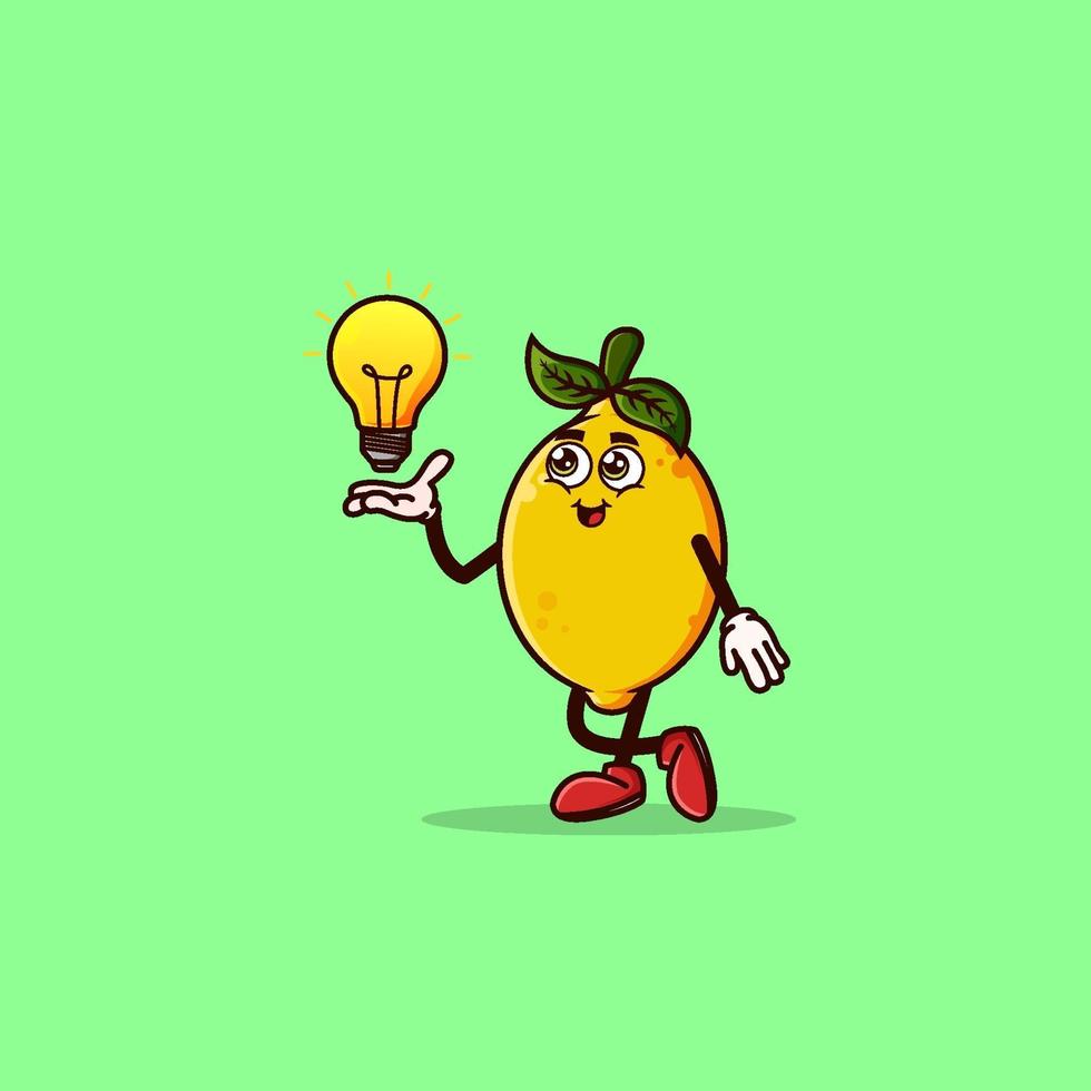 lindo personaje de limón con idea de bombilla en mano vector