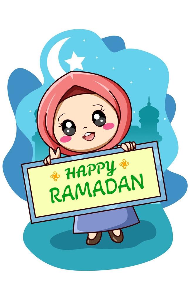 Muslim girl with happy ramadan kareem board cartoon illustration 2294086  Vector Art at Vecteezy