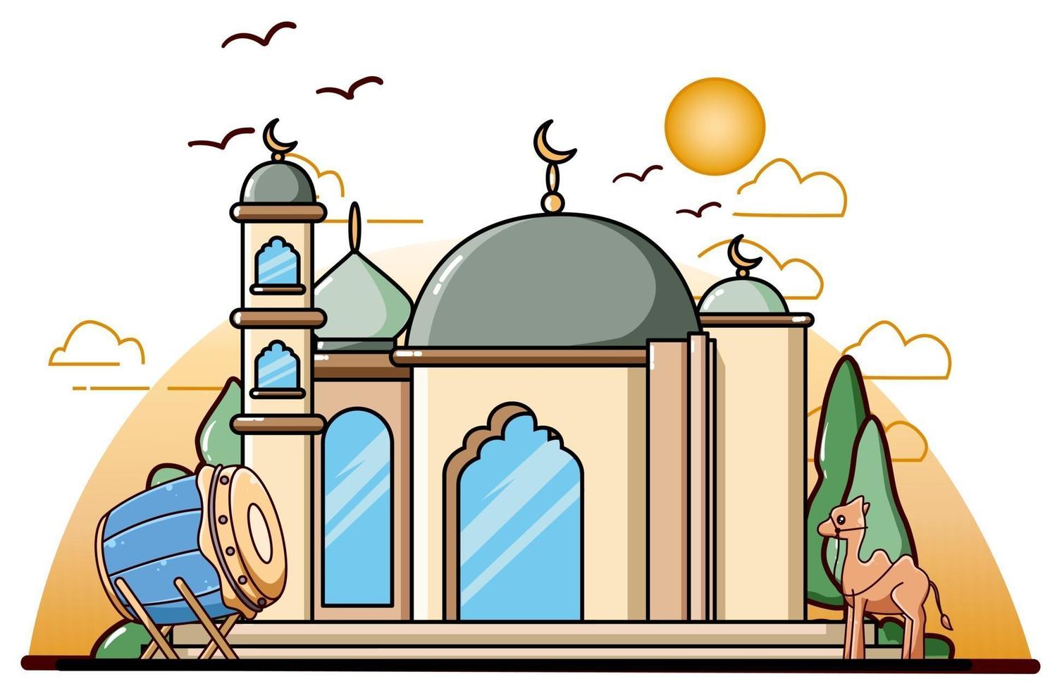 Mosque with drum and camel at ramadan kareem icon cartoon illustration vector