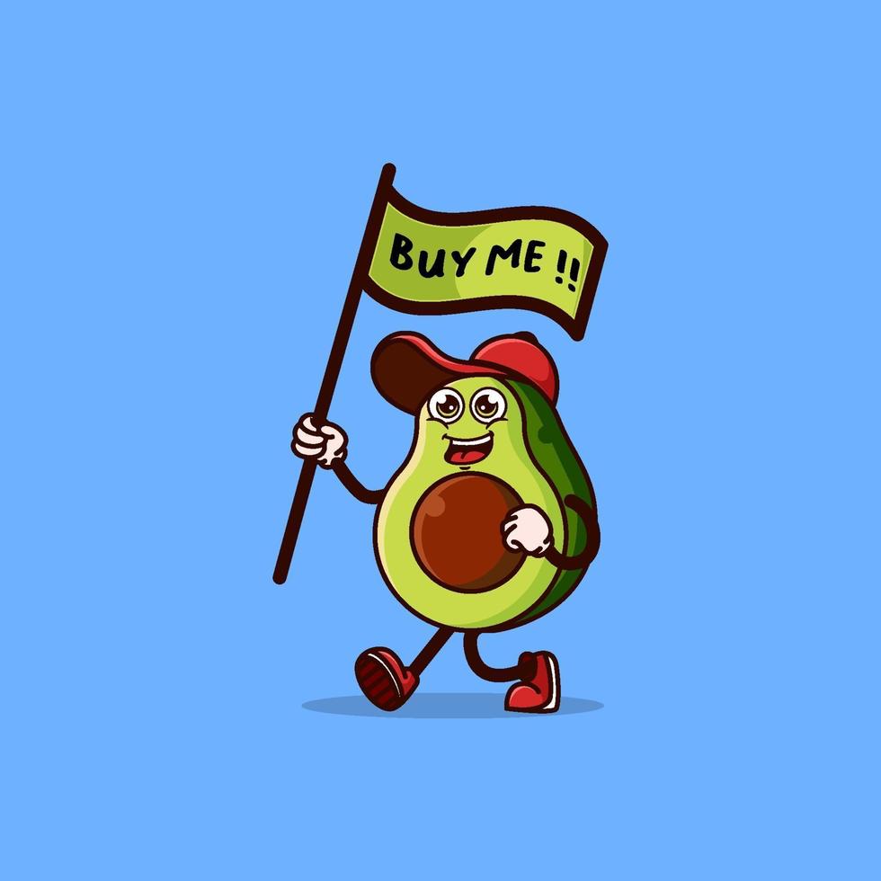 Cute Avocado character carrying a flag that says buy me vector
