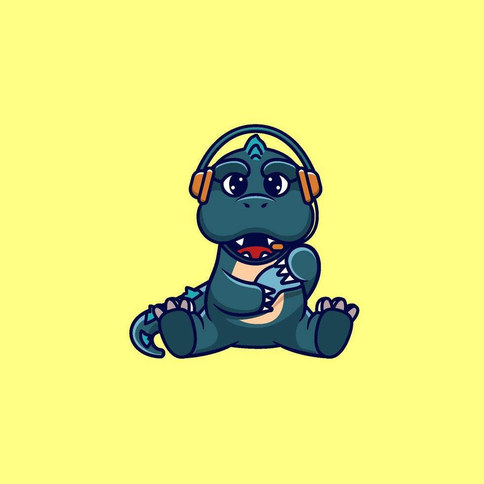 personaje kawaii. lindo juego de godzilla con auriculares vector