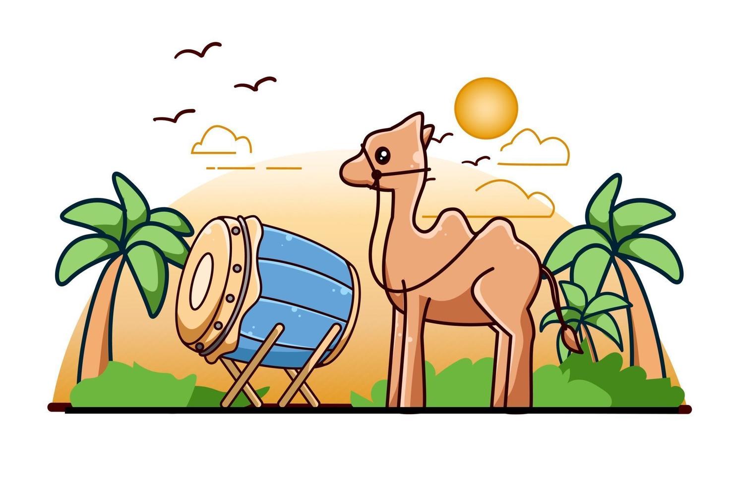 Drum mosque with camel at ramadan kareem icon cartoon illustration vector