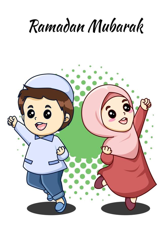 Cute and happy sibling at ramadan kareem cartoon illustration vector