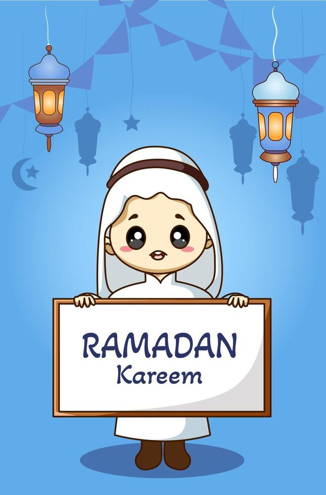 Little muslim boy at ramadan kareem cartoon illustration vector