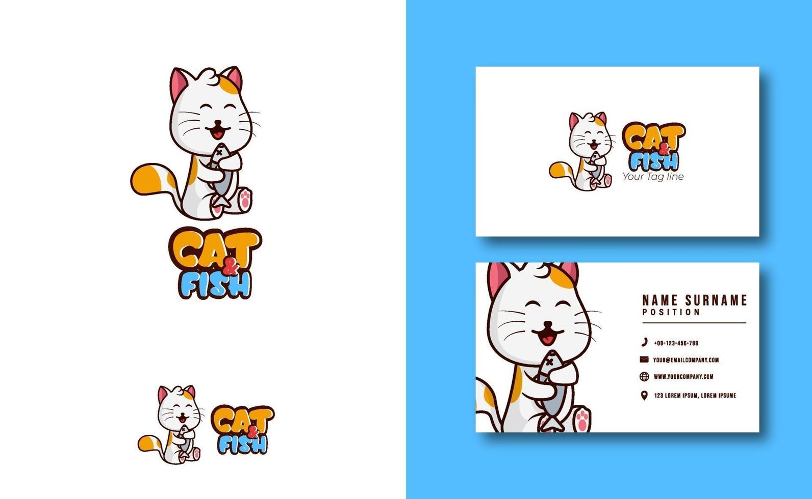 mascota de personaje kawaii. Conjunto de plantillas de tarjetas de visita con el logotipo de la mascota linda del gato y el pez vector