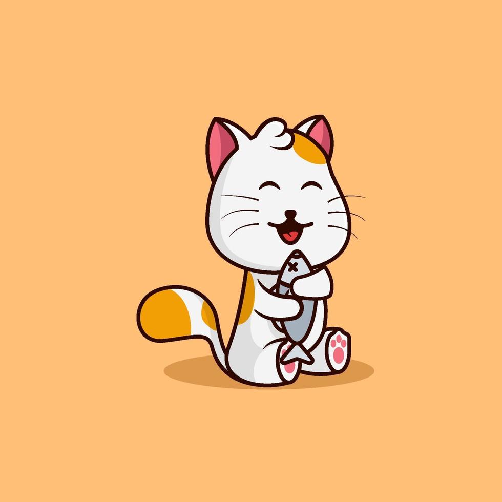 kawaii character. cute Cat hugging fish vector