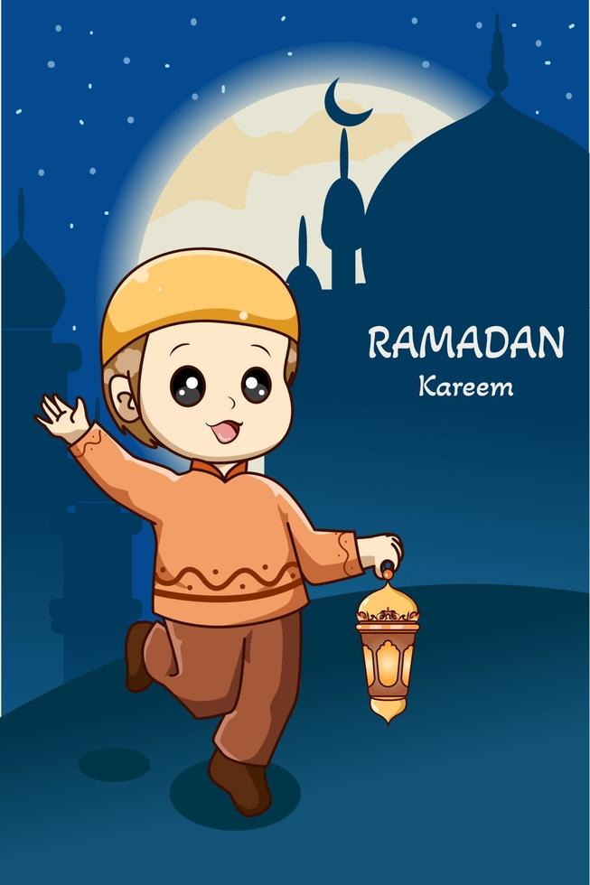 niño musulmán con linterna ramadan kareem ilustración de dibujos animados vector