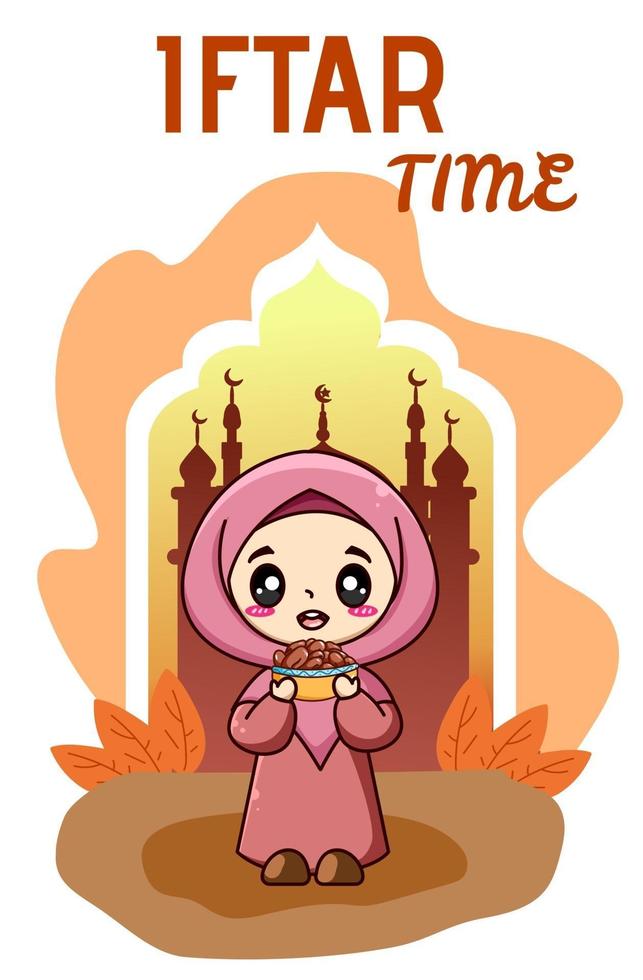 Little muslim girl happy fasting at ramadan kareem cartoon illustration vector