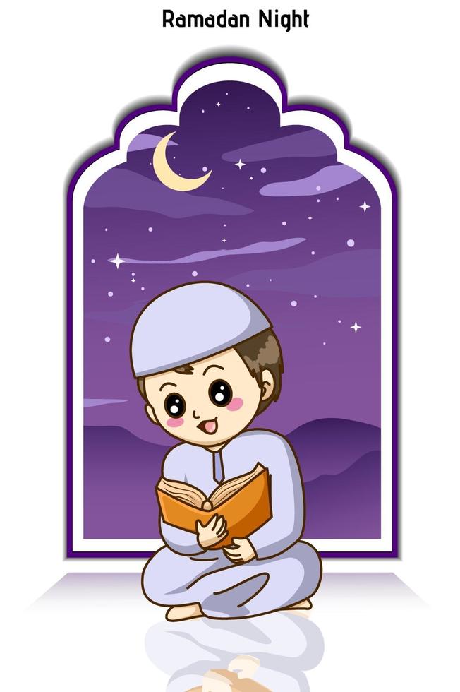 niño musulmán feliz leyendo un corán en la ilustración de dibujos animados de la noche de ramadán vector