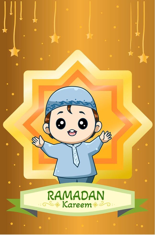 Happy little muslim boy in ramadan kareem cartoon illustration vector