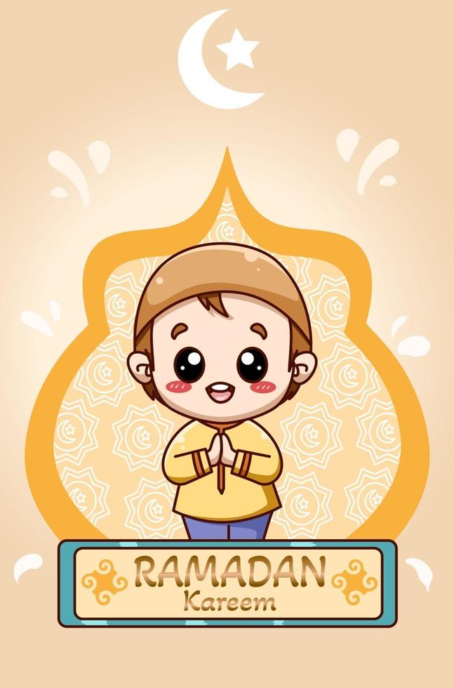 Little happy muslim boy in ramadan kareem cartoon illustration vector