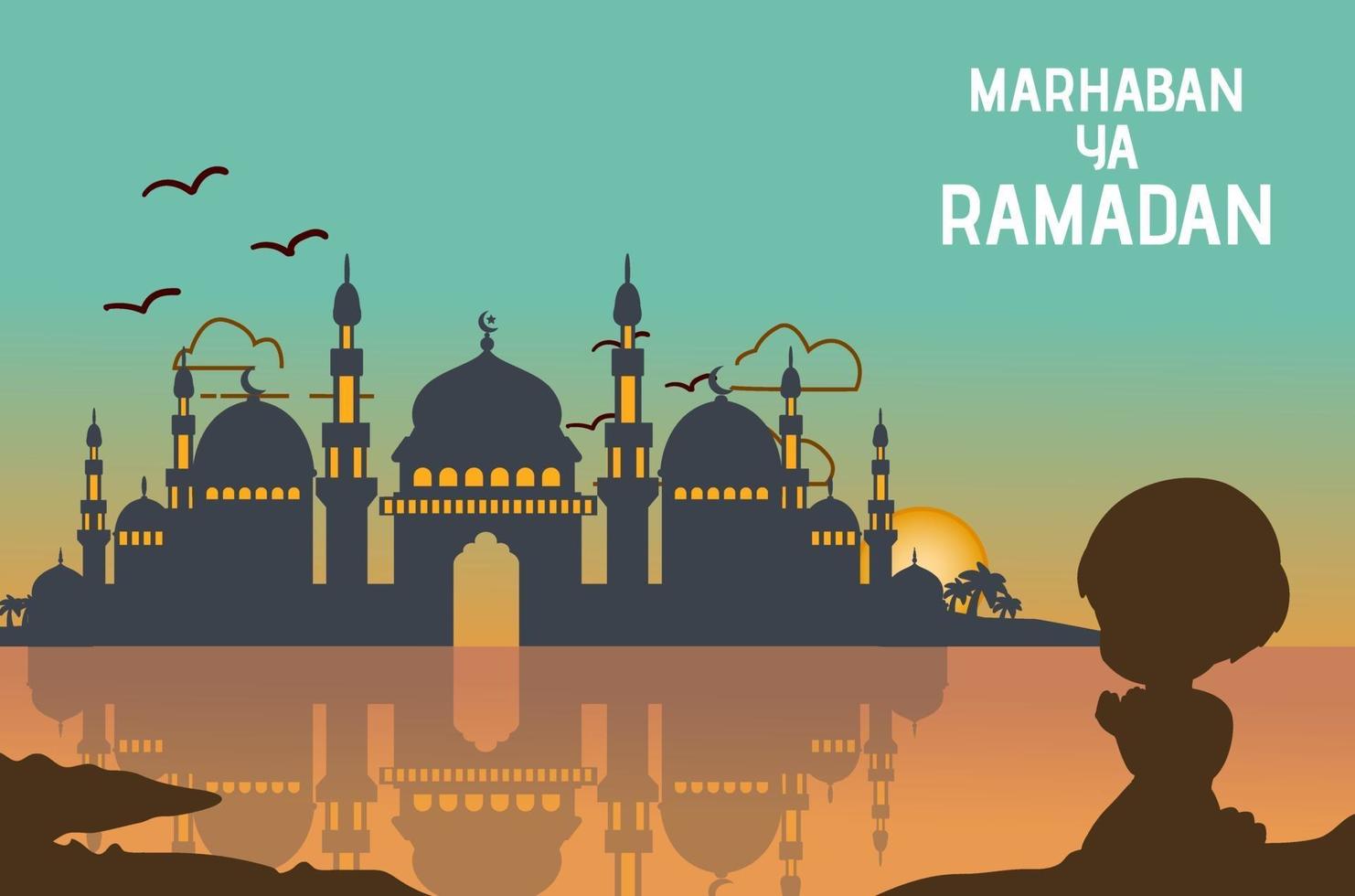 Flat background mosque ramadan kareem sunset landscape cartoon illustration vector