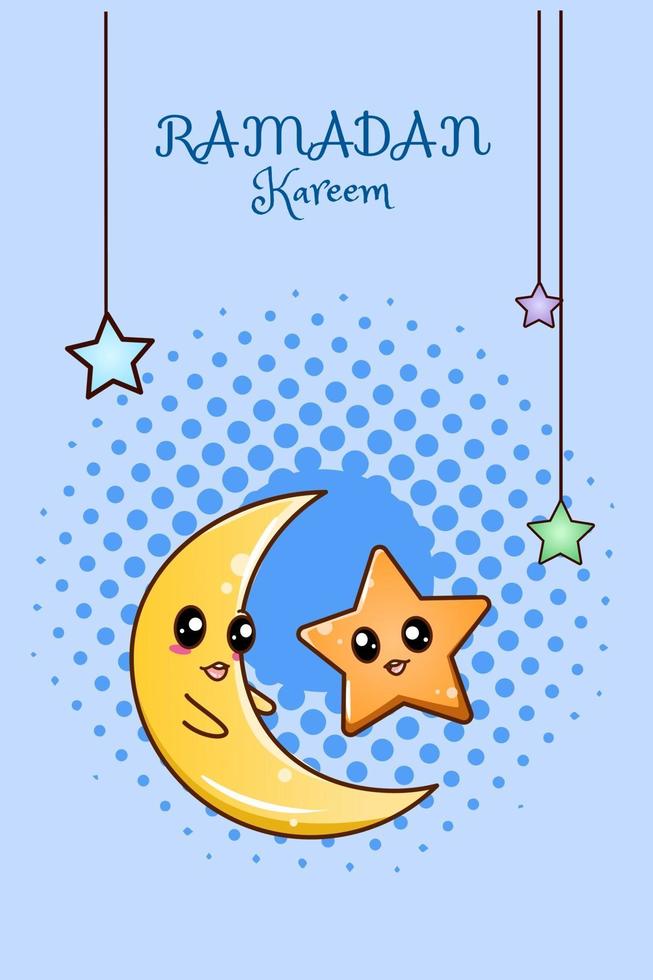 Cute moon and star at ramadan kareem cartoon illustration vector