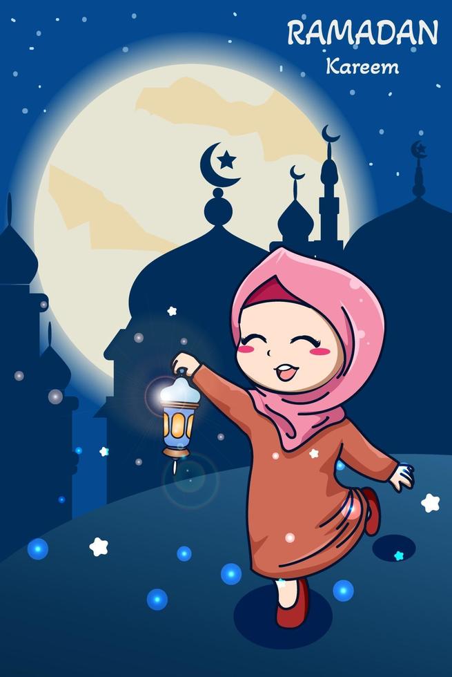 Muslim girl with lantern ramadan kareem cartoon illustration vector