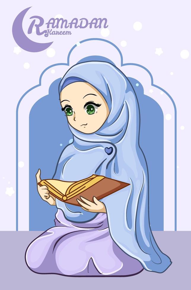 Beautiful girl reading a koran at ramadan kareem cartoon illustration vector