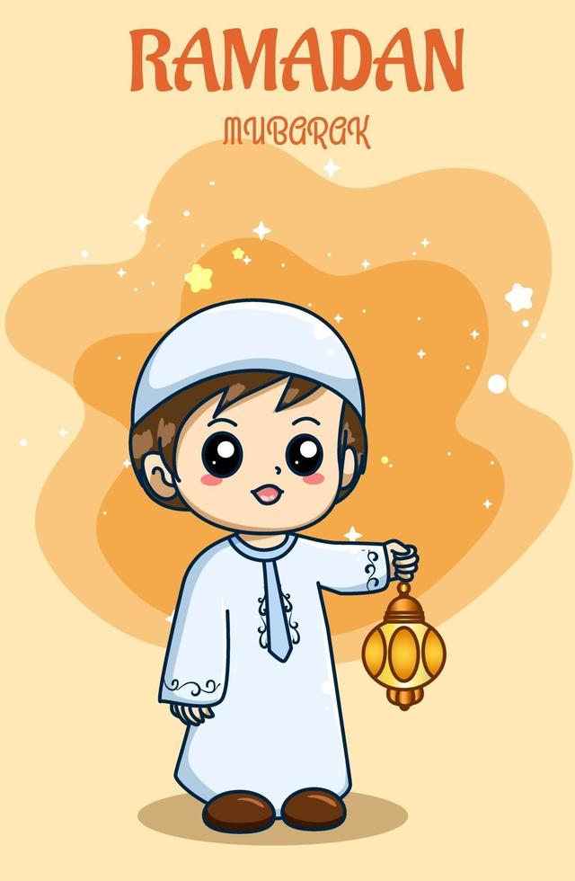 Little boy with lantern celebrating ramadan kareem cartoon illustration vector