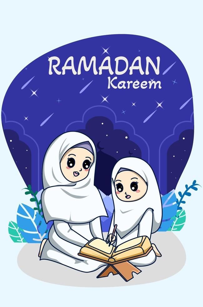 Muslim girls reading koran at ramadan kareem cartoon illustration vector