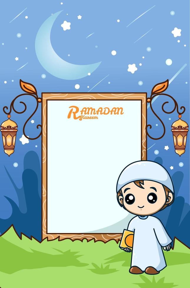 niño musulmán y pizarra en ramadan kareem ilustración de dibujos animados vector