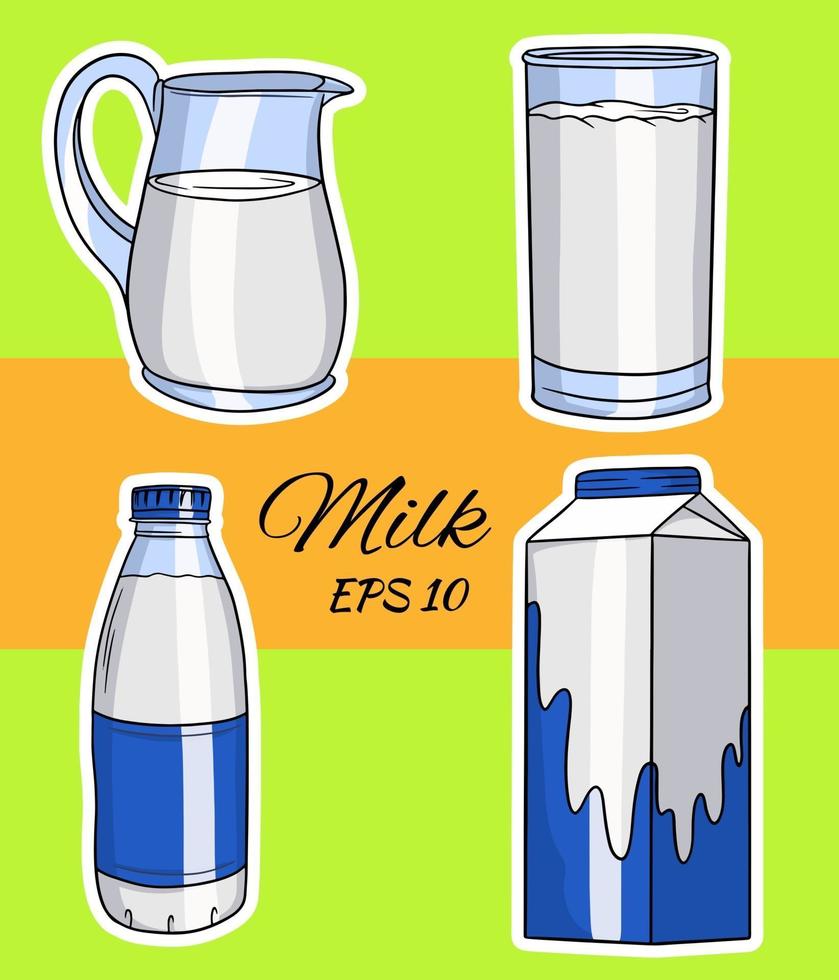 Set of vector illustrations in cartoon style of glass bottles with milk. Milk in a glass, a jug, in a cardboard box, in a bottle.