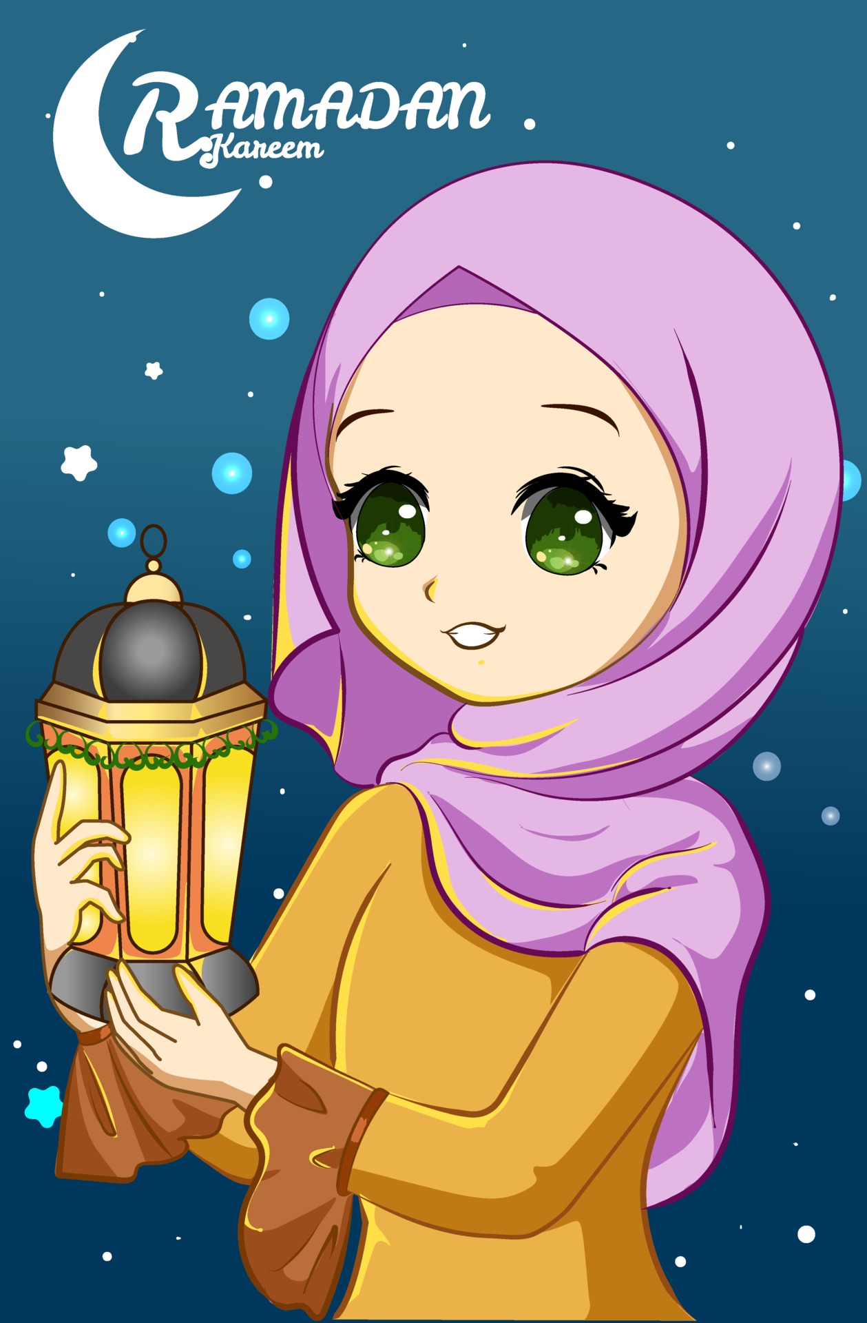 Beautiful muslim girl with lantern at ramadan kareem night cartoon  illustration 2294400 Vector Art at Vecteezy