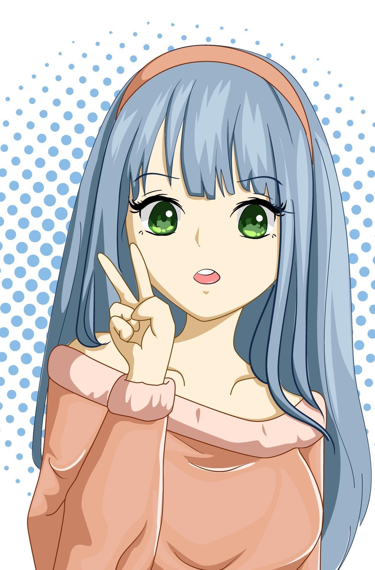 Cute and beautiful girl long blue hair design character cartoon
