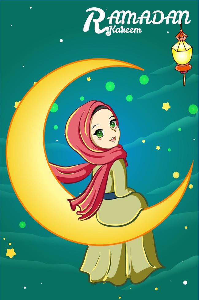 niña musulmana con linterna y luna ramadan kareem ilustración de dibujos animados vector